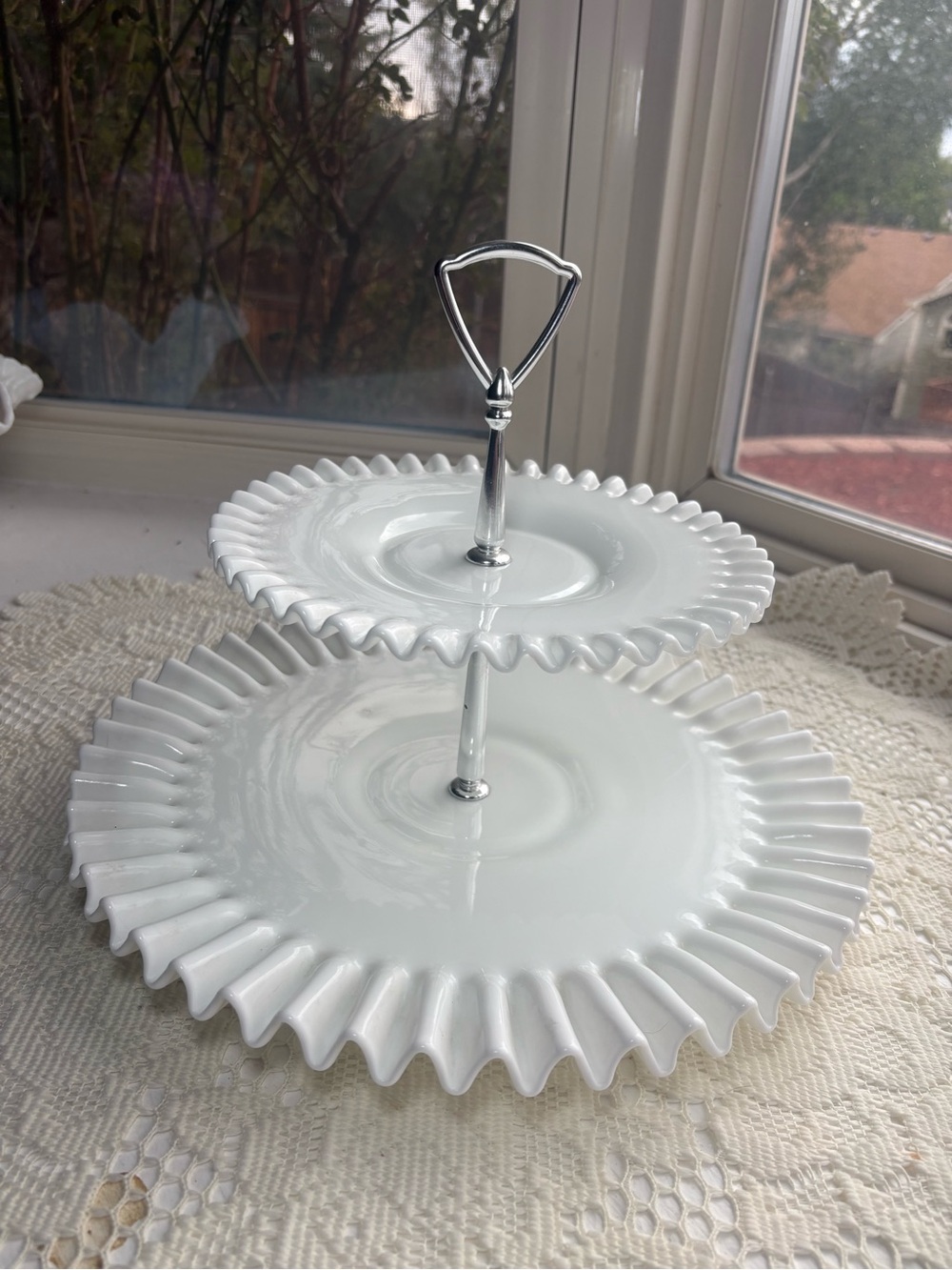 Fenton White Milk Glass Two-Tier Ruffled Serving Stand